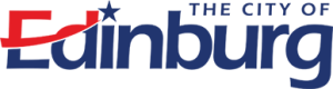 Red and blue logo, The City of Edinburg with a star as the dot over the "i" in Edinburg.