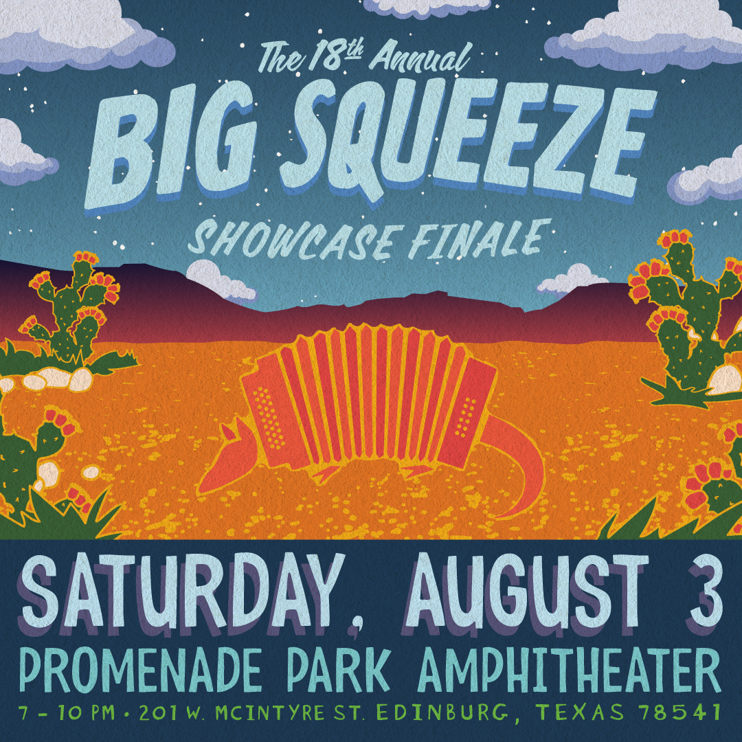 The Big Squeeze Showcase Finale. Digital illustration of armadillo in desert surrounded by mountains and prickly pear cactus.