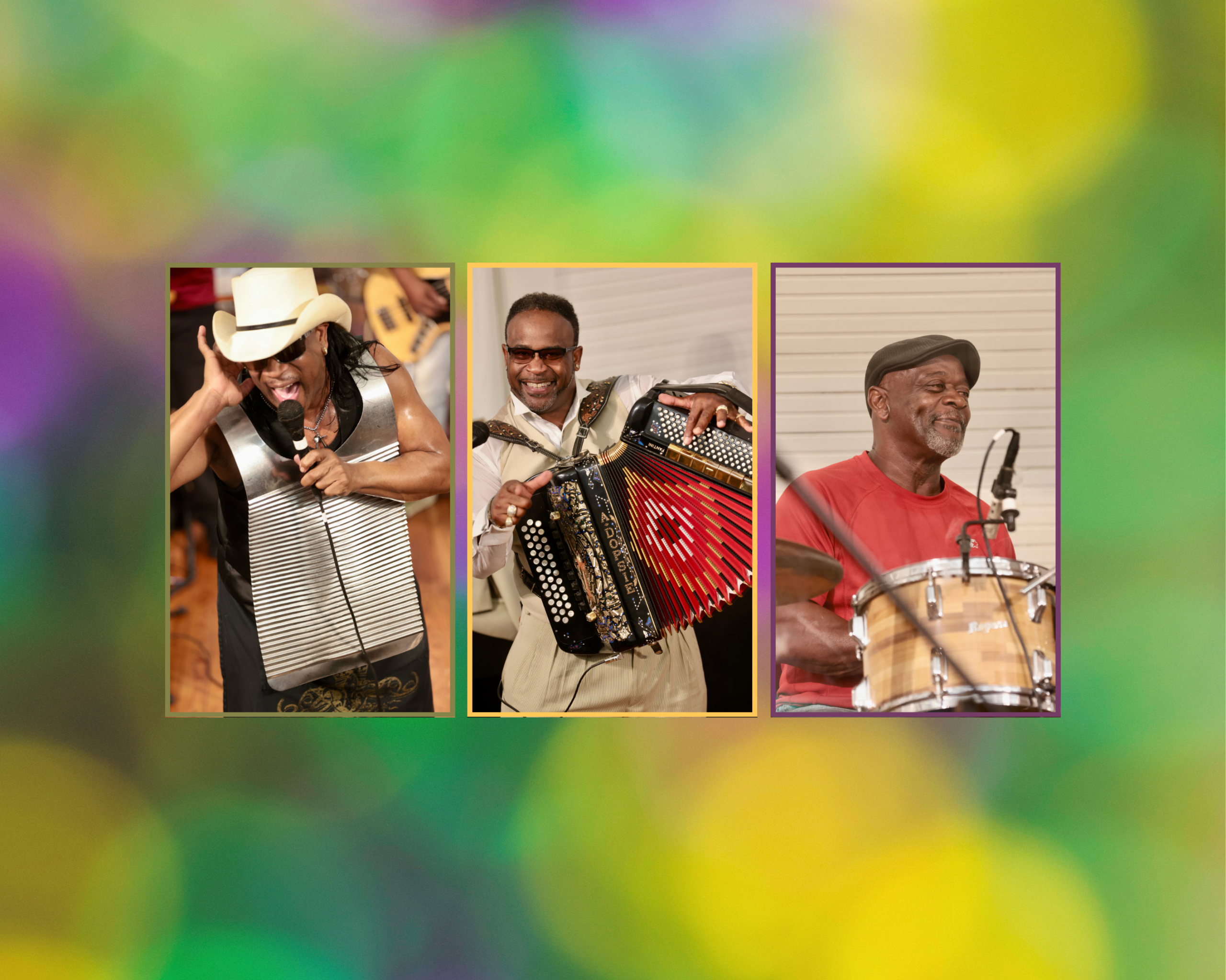 Three members of Rockin' Dopsie Jr. and the Zydeco Twisters performing. At left, a vocalist in a white cowboy hat and sunglasses sings into a microphone while playing a metal rubboard worn across his chest. In the center, a musician in sunglasses smiles as he plays a red and black accordion. At right, a drummer in a red shirt and dark cap plays the snare. The background is a colorful green, gold, and purple Mardi Gras blur.