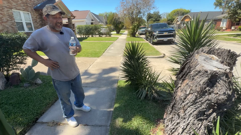 Don Armando stands on a neighborhood sidewalk in Houston's Greater East End, holding a water bottle and looking toward a weathered tree stump. Yucca plants and a prickly pear cactus grow along the walkway, with homes and parked trucks lining the street behind him.