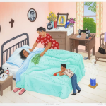 A brightly colored painting of a curandera performing a healing in a bedroom. A woman in a red floral dress leans over a person lying in bed with a cloth on their forehead, sweeping a green palm frond across the turquoise bedspread. A boy in a horse-print shirt watches from the foot of the bed, resting his chin on his hands beside a red apple. Incense smoke rises from a blue can on the floor. The room holds an image of the Virgen de Guadalupe, a lit candle, family portraits on the wall, a sewing machine, and a window looking out onto green leaves.