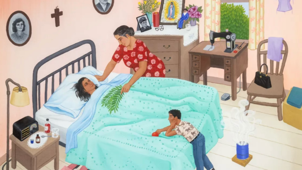 A brightly colored painting of a curandera performing a healing in a bedroom. A woman in a red floral dress leans over a person lying in bed with a cloth on their forehead, sweeping a green palm frond across the turquoise bedspread. A boy in a horse-print shirt watches from the foot of the bed, resting his chin on his hands beside a red apple. Incense smoke rises from a blue can on the floor. The room holds an image of the Virgen de Guadalupe, a lit candle, family portraits on the wall, a sewing machine, and a window looking out onto green leaves.