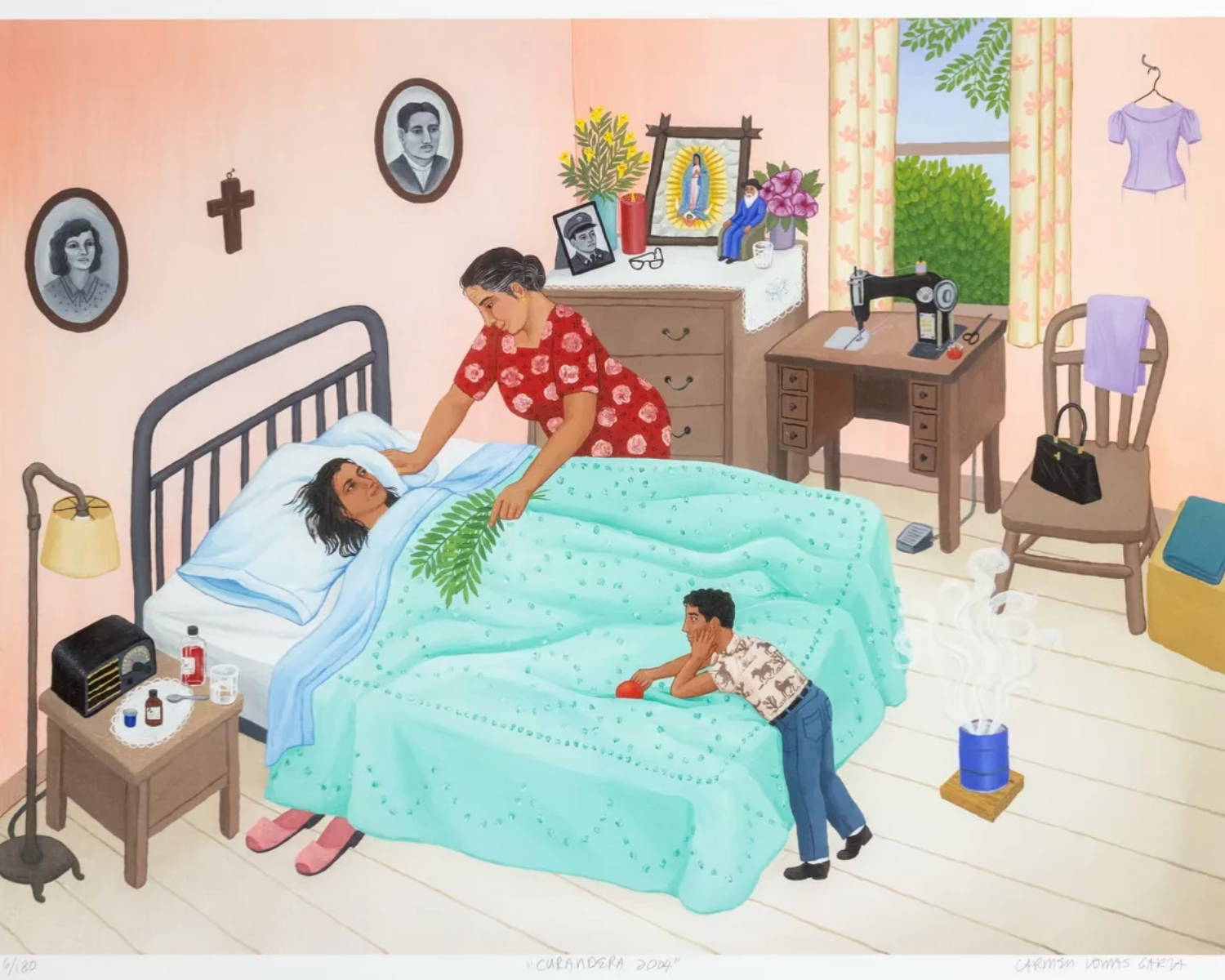 A brightly colored painting of a curandera performing a healing in a bedroom. A woman in a red floral dress leans over a person lying in bed with a cloth on their forehead, sweeping a green palm frond across the turquoise bedspread. A boy in a horse-print shirt watches from the foot of the bed, resting his chin on his hands beside a red apple. Incense smoke rises from a blue can on the floor. The room holds an image of the Virgen de Guadalupe, a lit candle, family portraits on the wall, a sewing machine, and a window looking out onto green leaves.